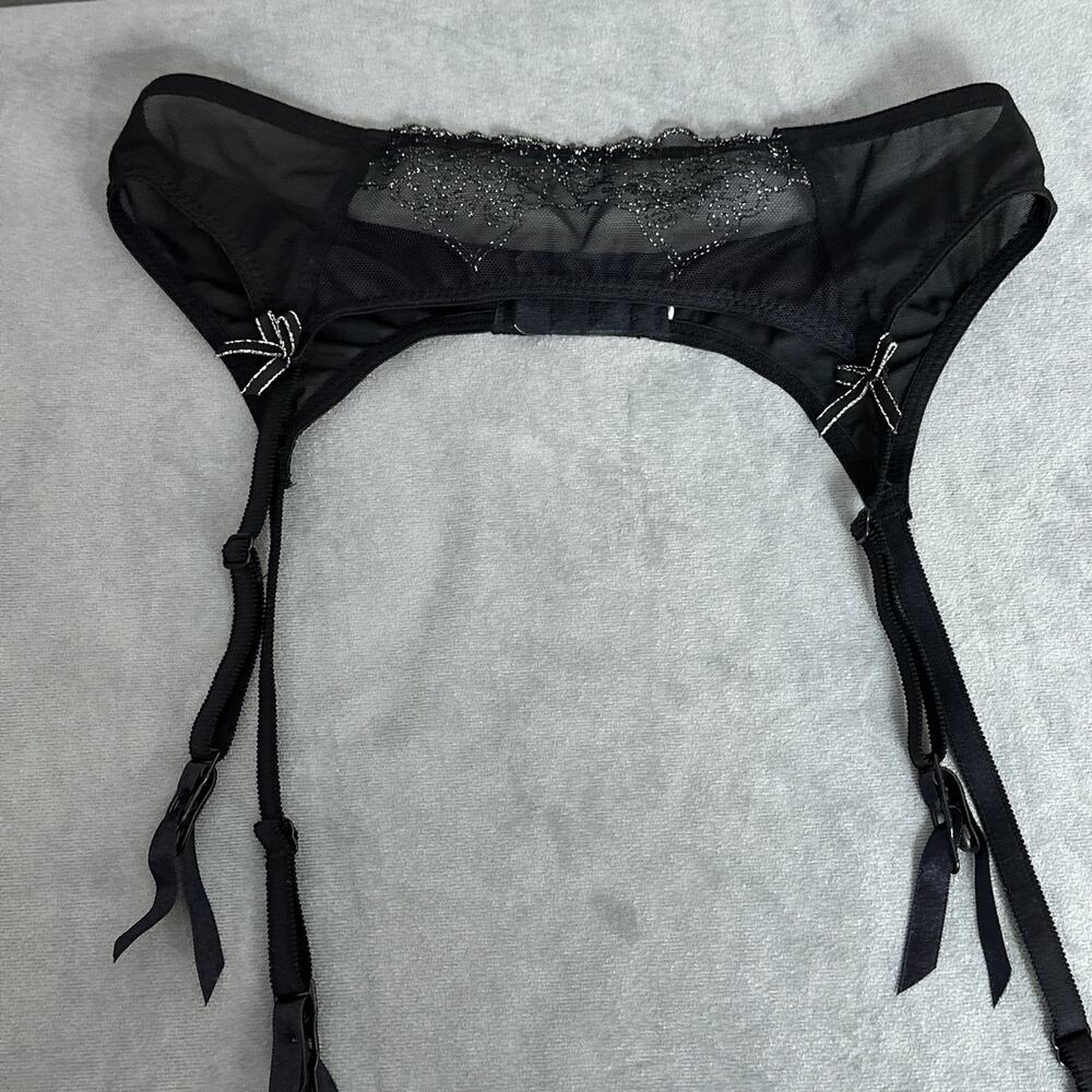 Black Silver Lace Garter Belt Lingerie Small Stockings Garter Suspenders